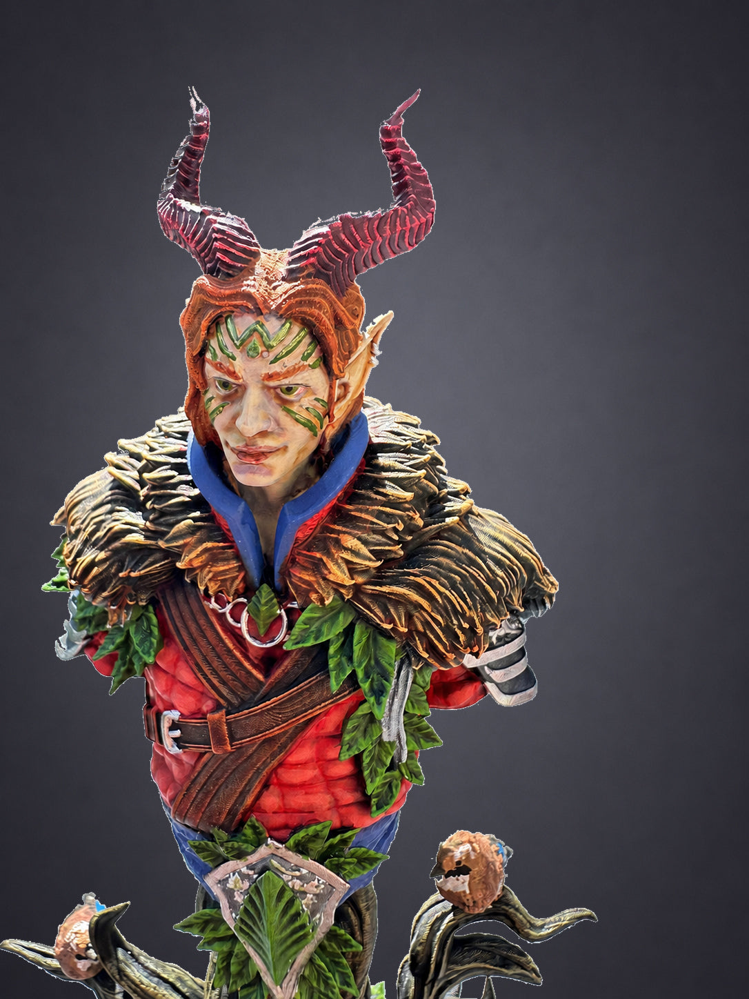 Garyck painted bust close-up - face paint, horns and fur collar detail on hand-painted DnD collector miniature