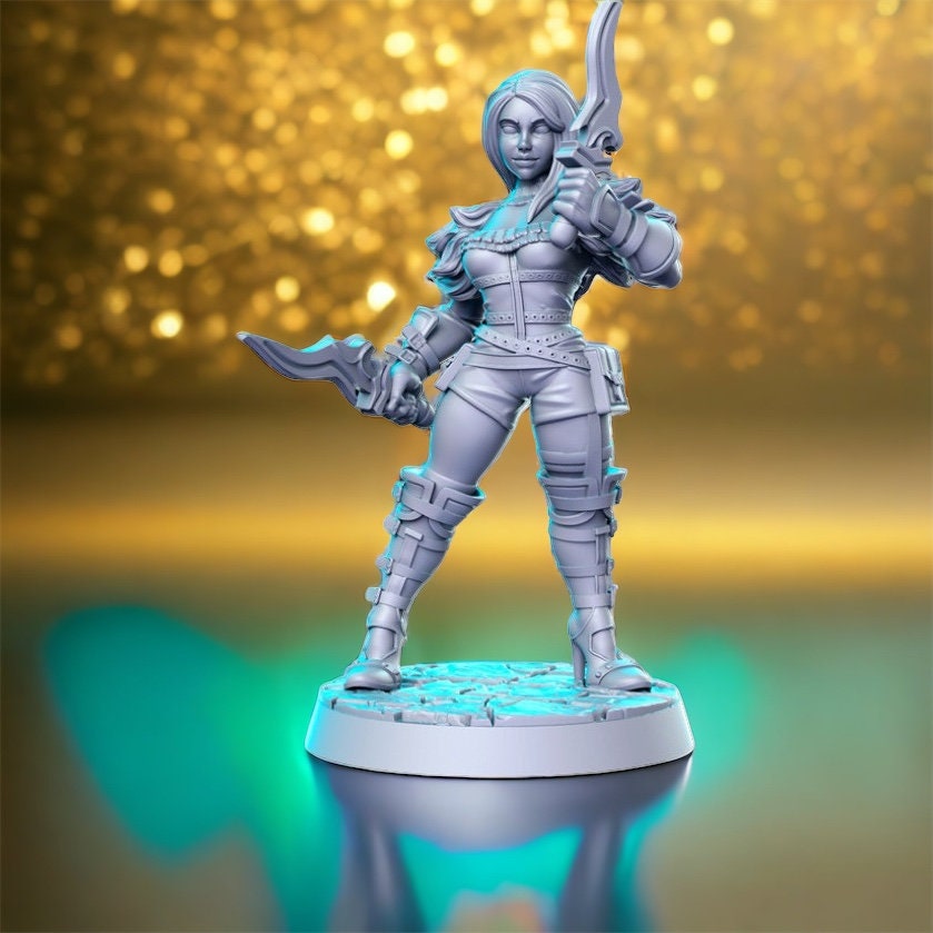 Dolchmädchen Schurke zwei Dolche Dnd Figur Druck 3D Harz 12k 32mm Miniaturen Figuren Mini