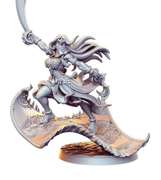 Fadeeya Assassine auf Teppich mit Säbel Wüstenkrieger mit Schwert detailreich Mini für Dnd Figur Druck 3D Harz 12k 32mm Miniaturen Figuren Mins
