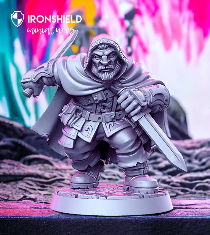Orwin Zwerg Assassine Bösewicht mit Dolchen im Kampf detailreich Mini für Dnd Figur Druck 3D Harz 12k 32mm Miniaturen Figuren Mins