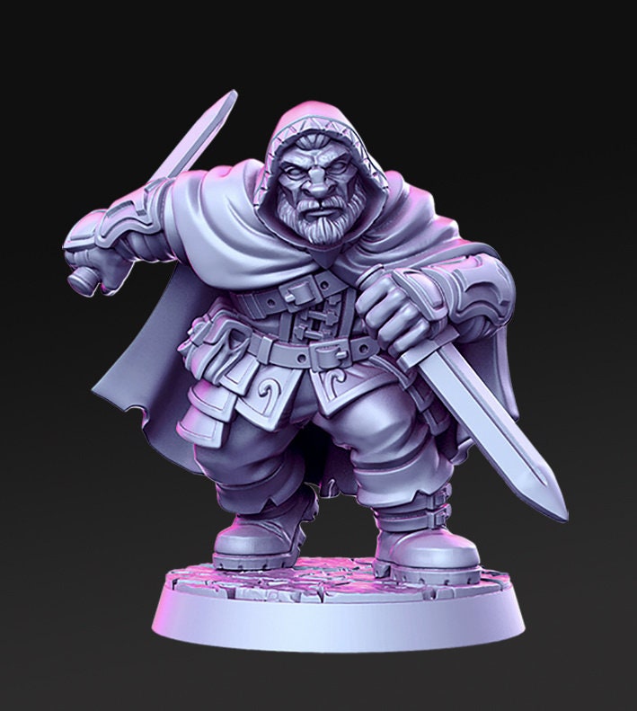 Orwin Zwerg Assassine Bösewicht mit Dolchen im Kampf detailreich Mini für Dnd Figur Druck 3D Harz 12k 32mm Miniaturen Figuren Mins