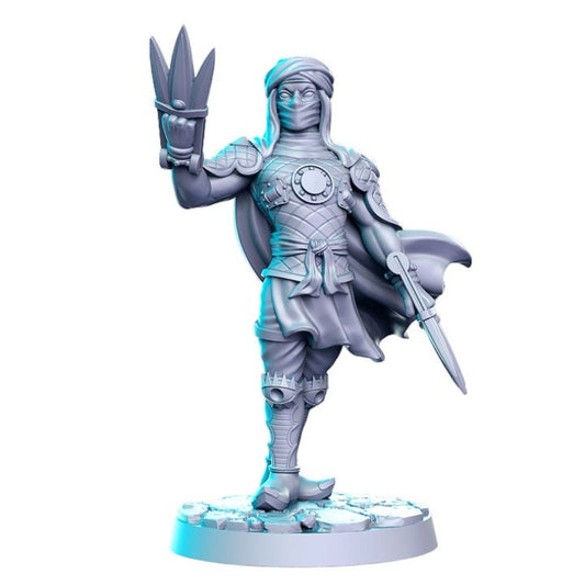 Zhalasar mercenaire oriental masqué désert couteau dagues miniatures détaillées pour dnd figure imprimer 3d résine 12k 32mm miniatures figurines mini