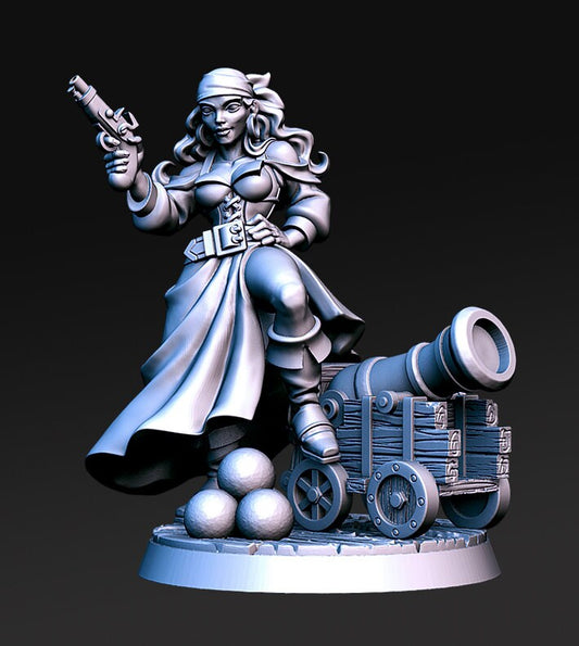Shelly, Piratin mit Kanone, Figur 12.000, + Sockel + BONUS-Druck, 3D-RPG-Miniatur, Geschenkidee, Mini | Dungeons & Dragons | Tabletop | RN Estudio