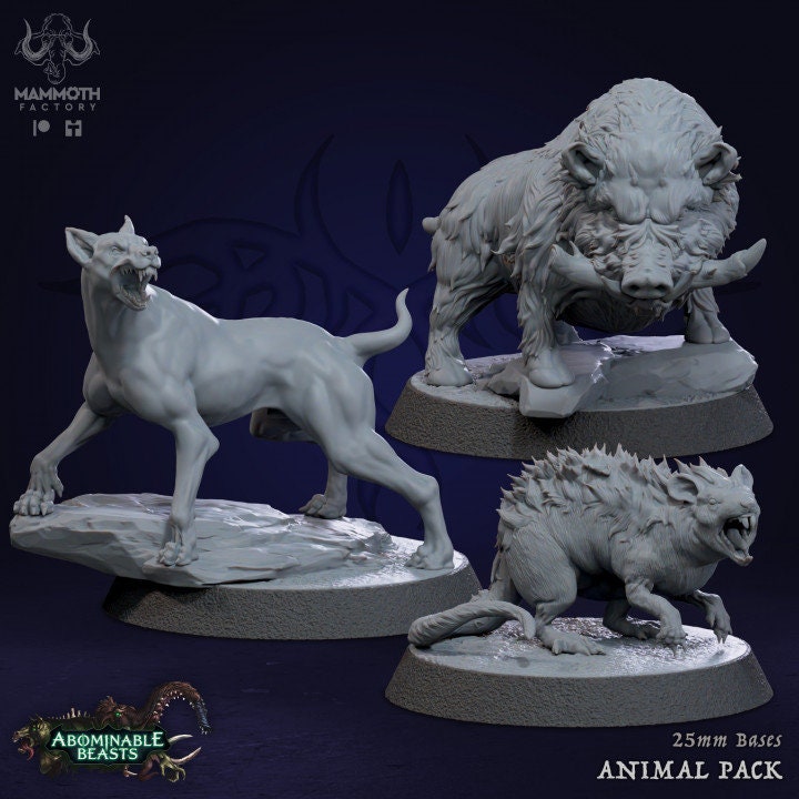 Animals Pack -Dog, Boar, Giant Rat 3 Figures 12k + Base Print 3D RPG Miniature Gift Idea mini | Dungeons & Dragons Tabletop Mammoth Factory