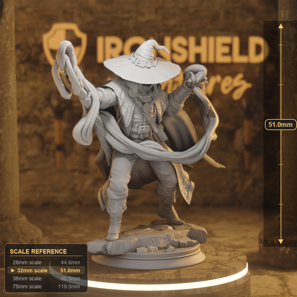 Big Hat Harrison Human Sorcerer, Wizard DnD miniature 3D printed resin tabletop RPG figure