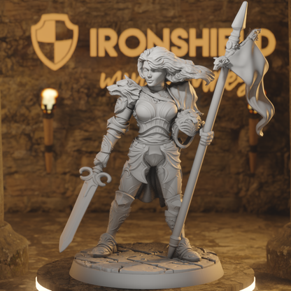 Brunhilda Female Knight Banner Fighter Paladin DnD miniature 3D printed resin tabletop RPG figure
