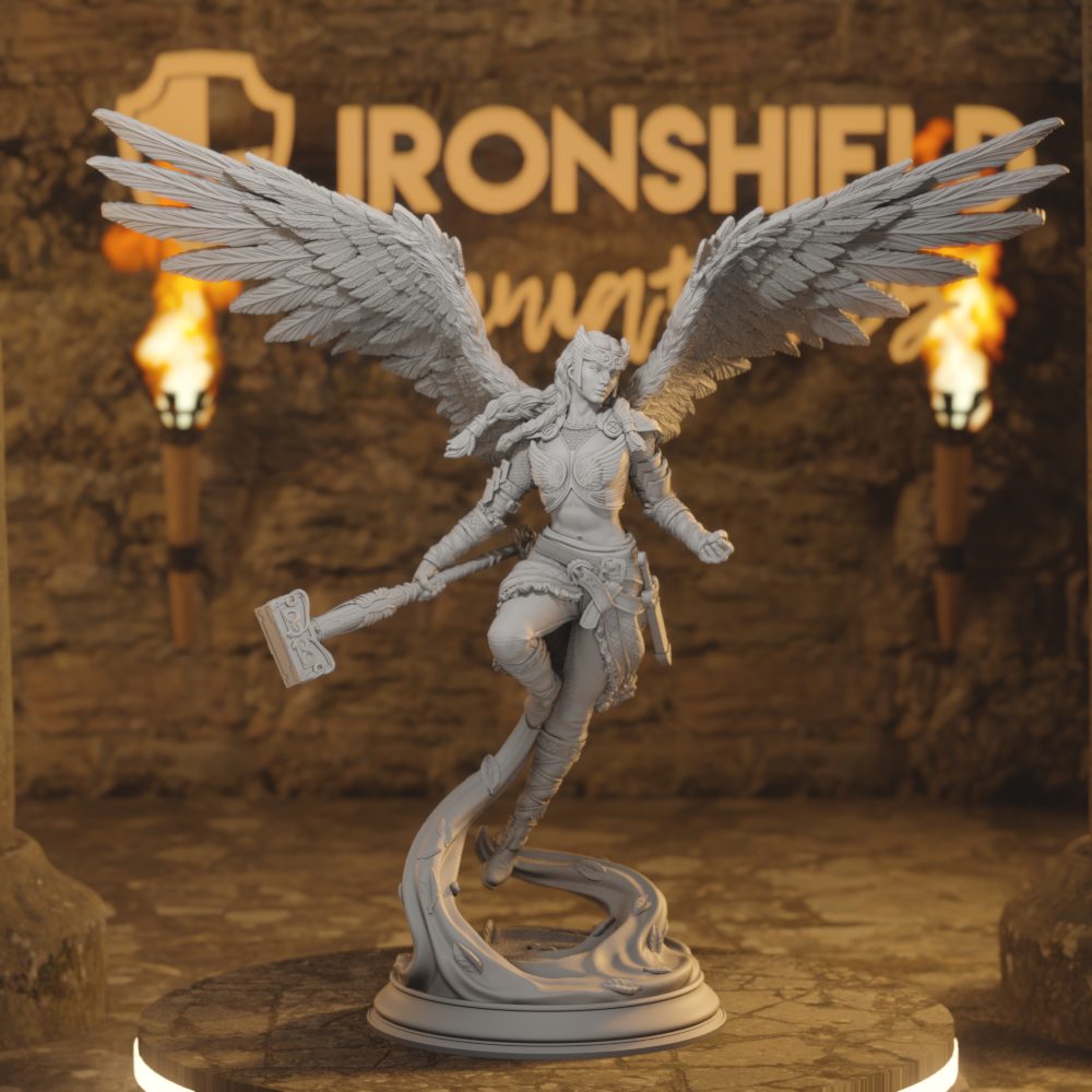 Valkyrie Hammer - Aasimar Paladin Shieldmaiden DnD miniature 3D printed resin tabletop RPG figure front view