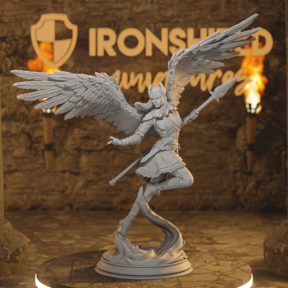 Valkyrie Spear - Aasimar Paladin Shieldmaiden DnD miniature 3D printed resin tabletop RPG figure front view