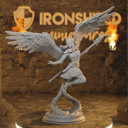 Valkyrie Spear - Aasimar Paladin Shieldmaiden DnD miniature 3D printed resin tabletop RPG figure front view