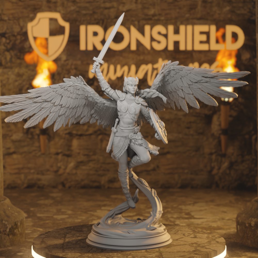 Valkyrie Fighter - Celestial Warrior Shieldmaiden DnD miniature 3D printed resin tabletop RPG figure front view