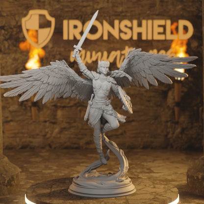 Valkyrie Fighter - Celestial Warrior Shieldmaiden DnD miniature 3D printed resin tabletop RPG figure front view