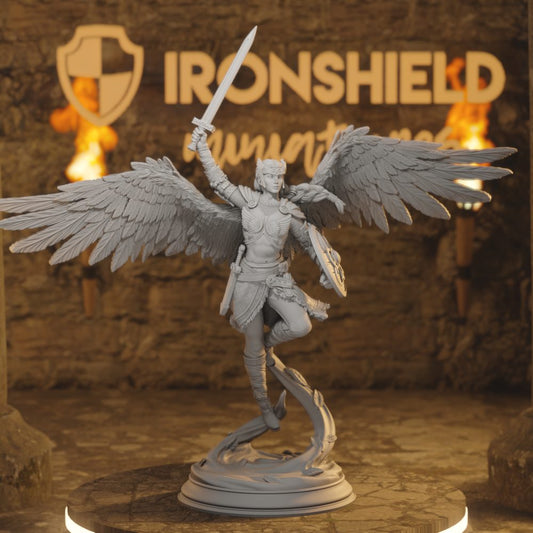 Valkyrie Fighter - Celestial Warrior Shieldmaiden DnD miniature 3D printed resin tabletop RPG figure front view