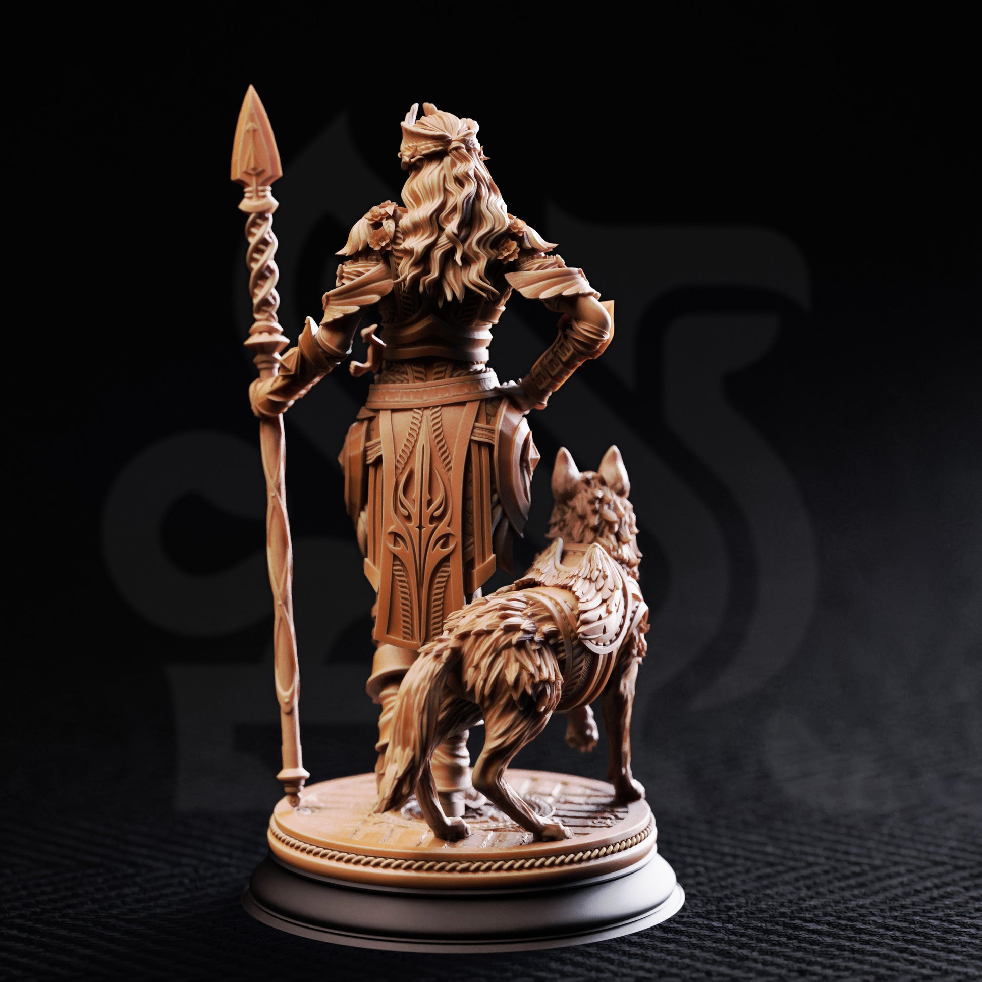 Freya - Human Ranger Druid with Wolf 3D printed miniature detail view tabletop RPG