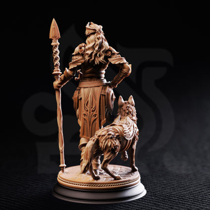 Freya - Human Ranger Druid with Wolf 3D printed miniature detail view tabletop RPG