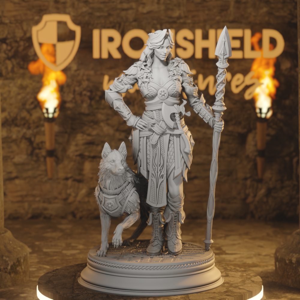 Freya - Human Ranger Druid with Wolf DnD miniature 3D printed resin tabletop RPG figure front view