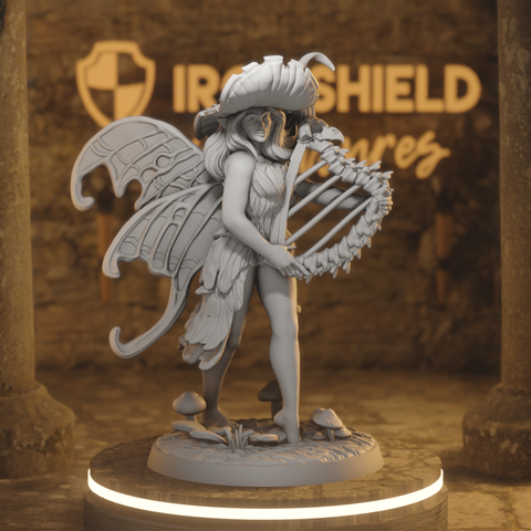 Glade Minstrel - Standing Butterfly-Winged Fey Bard Harpist Mushroom-Hatted of the Grove