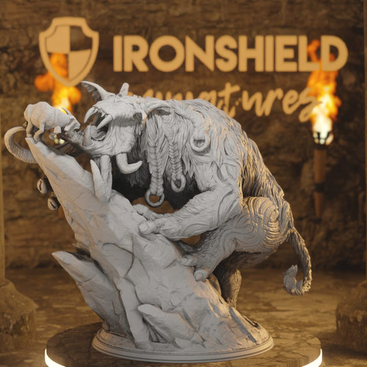 Hrimyhyrnir Frost Beast Monster, gargantuan horned creature in aggressive pose, 3D printed miniature