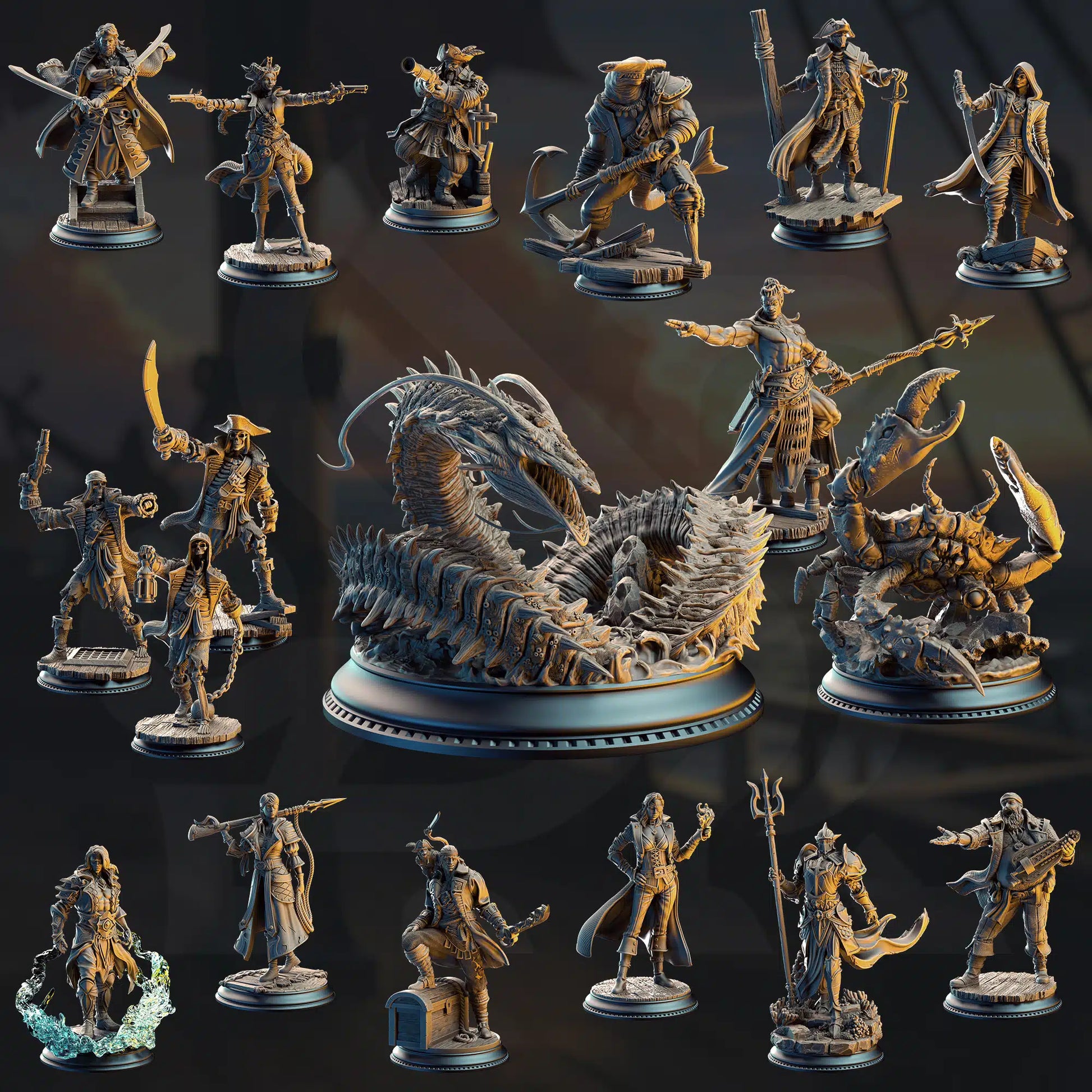 Collection of fantasy figurines on a dark background