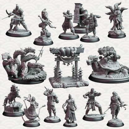 Spirits from the East - DND 5e Starter Campaign - Full Set 15 Figures + Maps + DnD miniature 3D printed resin tabletop RPG figure front view