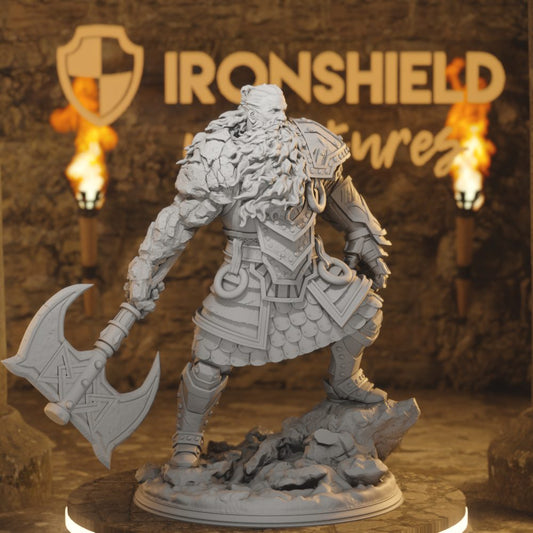 Surtrson fire giant warrior, massive flaming jötunn with volcanic presence, resin miniature for tabletop RPG