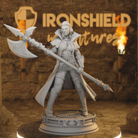 Vika Half-Orc Rogue DnD miniature 3D printed resin tabletop RPG figure with double-bladed staff
