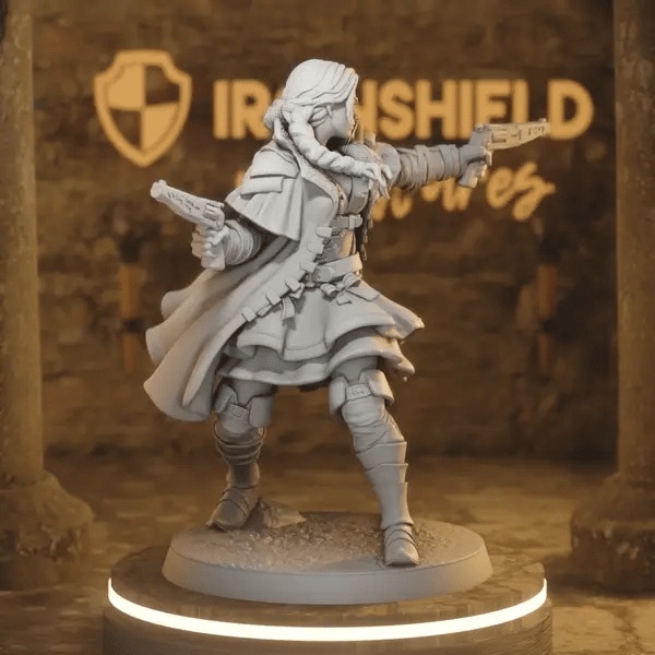 Witchfinder Gretta - Human Gunslinger Fighter Dual-Pistol Witch Hunter DnD miniature 360 turntable animation