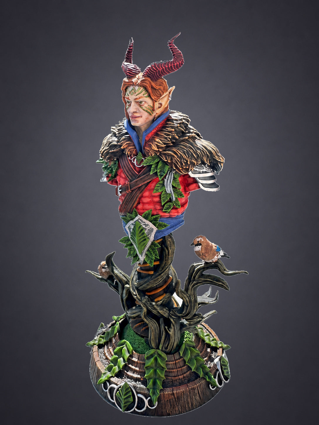 Garyck painted Tiefling bust - three-quarter view showing red horns, fur mantle and ivy detail