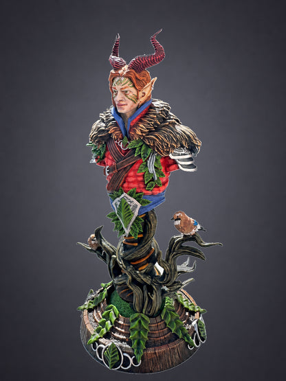 Garyck painted Tiefling bust - three-quarter view showing red horns, fur mantle and ivy detail