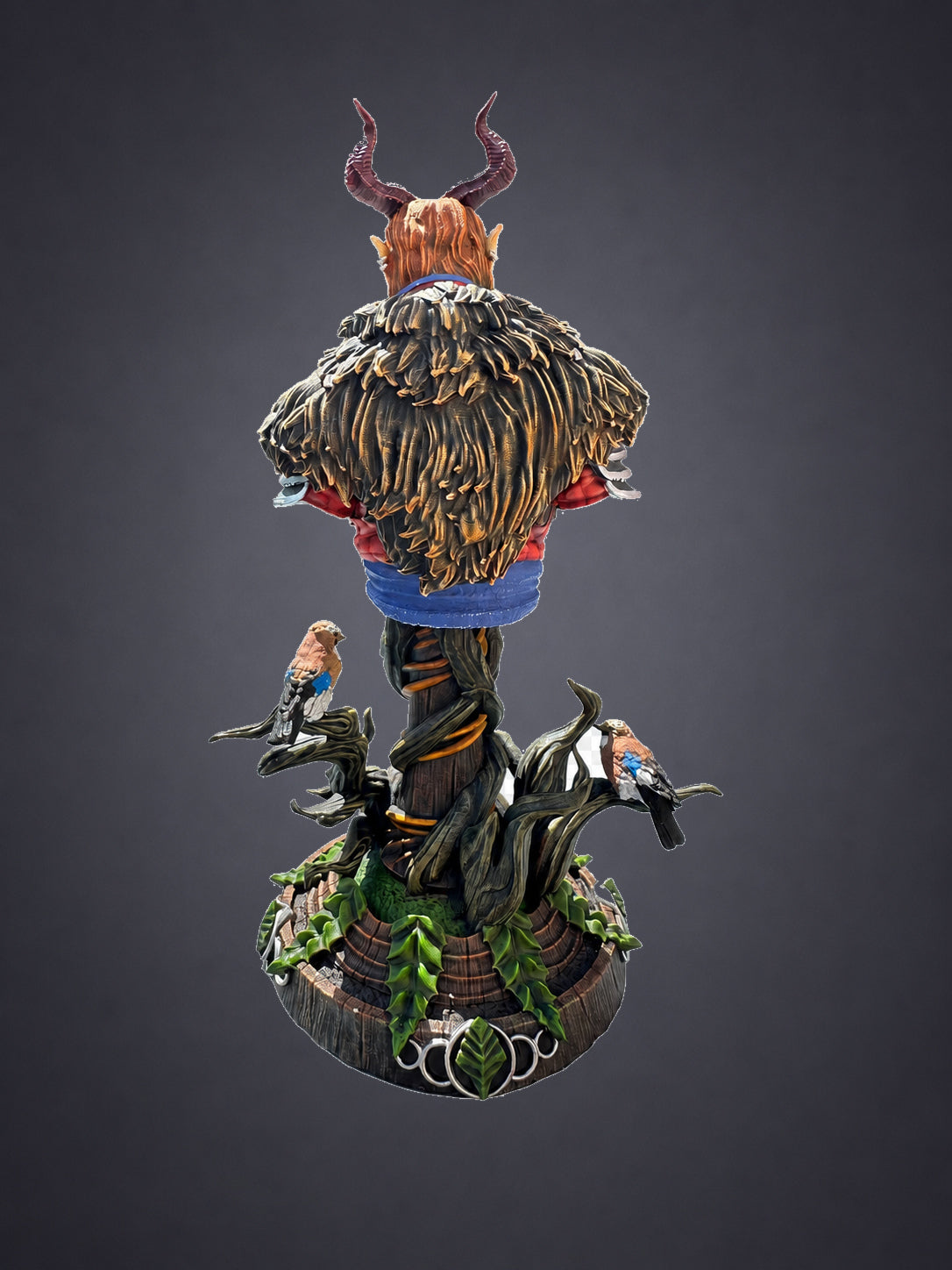 Garyck painted druid bust - rear view with feathered cloak and sparrows on the gnarled base
