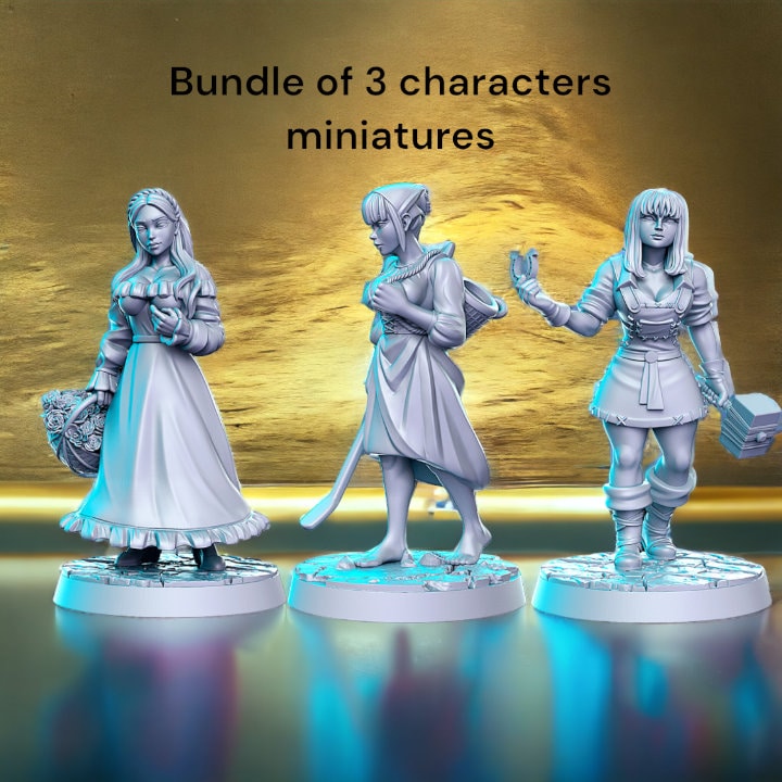 Bundle pack of 3 characters human girls  for dnd figure print 3d resin 12k 32mm miniatures figures mini