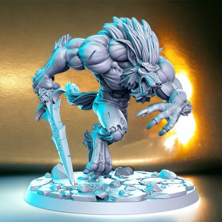 Moonfang werewolf swordfighter beast creature for dnd figure print 3d resin 12k 32mm miniatures figures mini