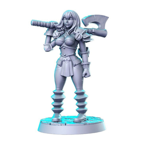 Caos girl without helmet con axe standing dnd