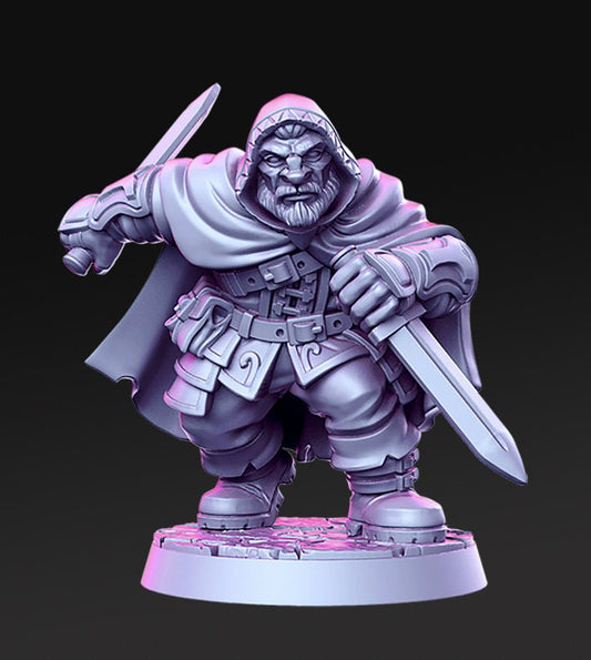 Orwin Dwarf assassin villain with daggers in battle detailed mini for dnd figure print 3d resin 12k 32mm miniatures figures mins