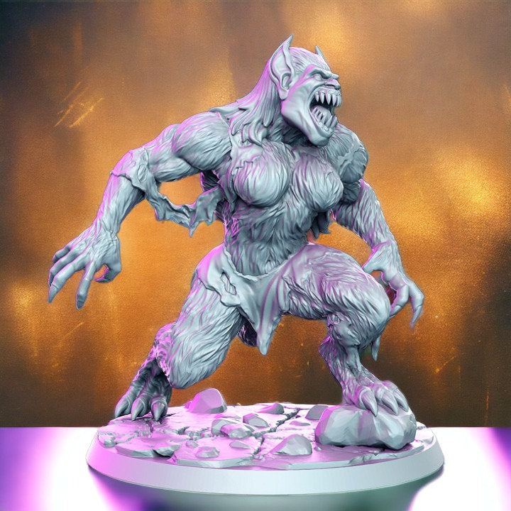 Female werebeast monster with fangs wild animal elven wolf for dnd figure print 3d resin 12k 32mm miniatures figures mini