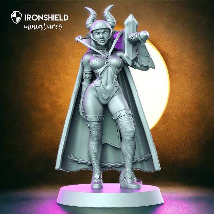 Ambrosia demonic girl with big sword devil horns detailed minis for dnd figure print 3d resin 12k 32mm miniatures figures mini