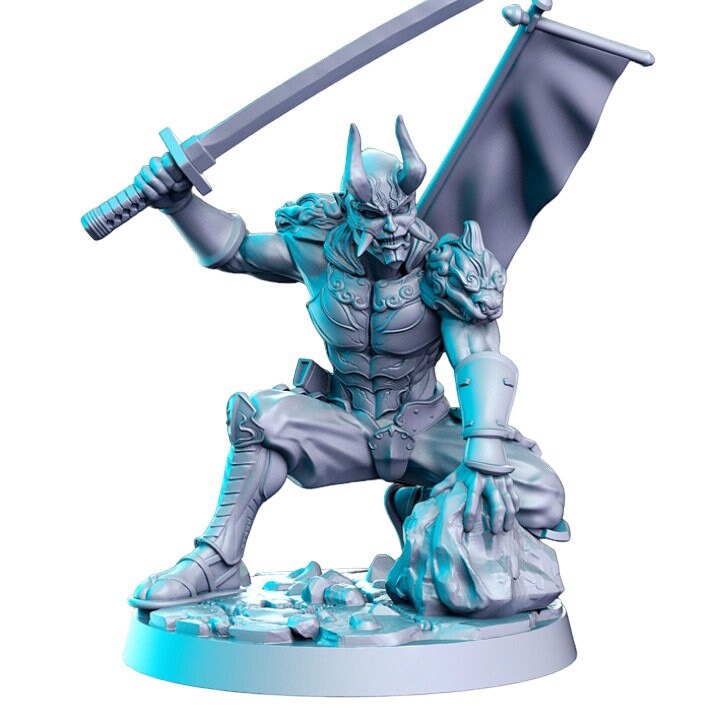 Yoshinobu demonic samurai in mash and sword katana detailed minis for dnd figure print 3d resin 12k 32mm miniatures figures mini