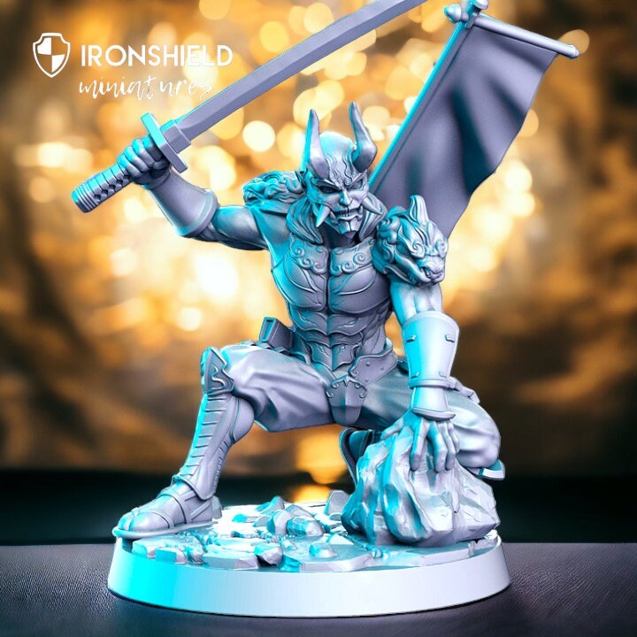 Yoshinobu demonic samurai in mash and sword katana detailed minis for dnd figure print 3d resin 12k 32mm miniatures figures mini