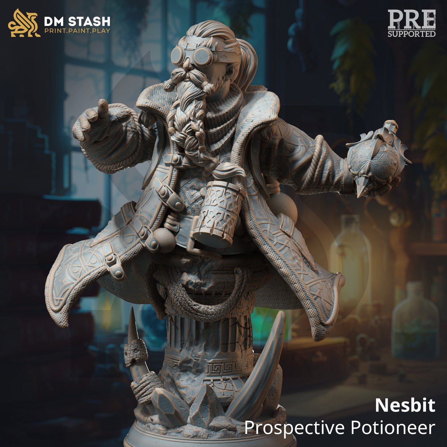 BUST: Dwarven Alchemist - Nesbit - 120mm tall - figure print 3d 12k miniature Gift Idea | Dungeons and Dragons |Tabletop DM Stash