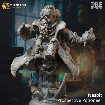 BUST: Dwarven Alchemist - Nesbit - 120mm tall - figure print 3d 12k miniature Gift Idea | Dungeons and Dragons |Tabletop DM Stash