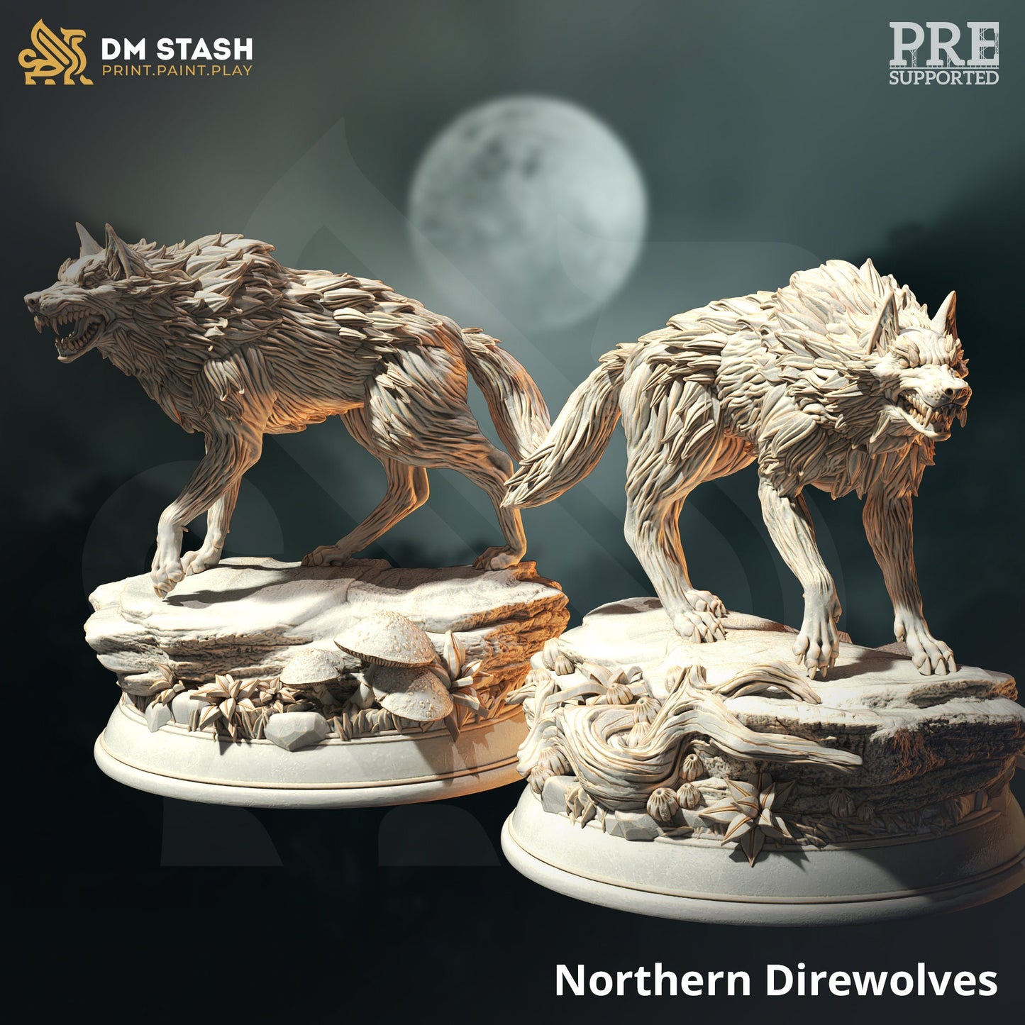 Pair of Northern Direwolves 2x Wolf Figure 12k + Base Print 3D RPG Miniature Gift Idea mini | Dungeons & Dragons Tabletop DM Stash