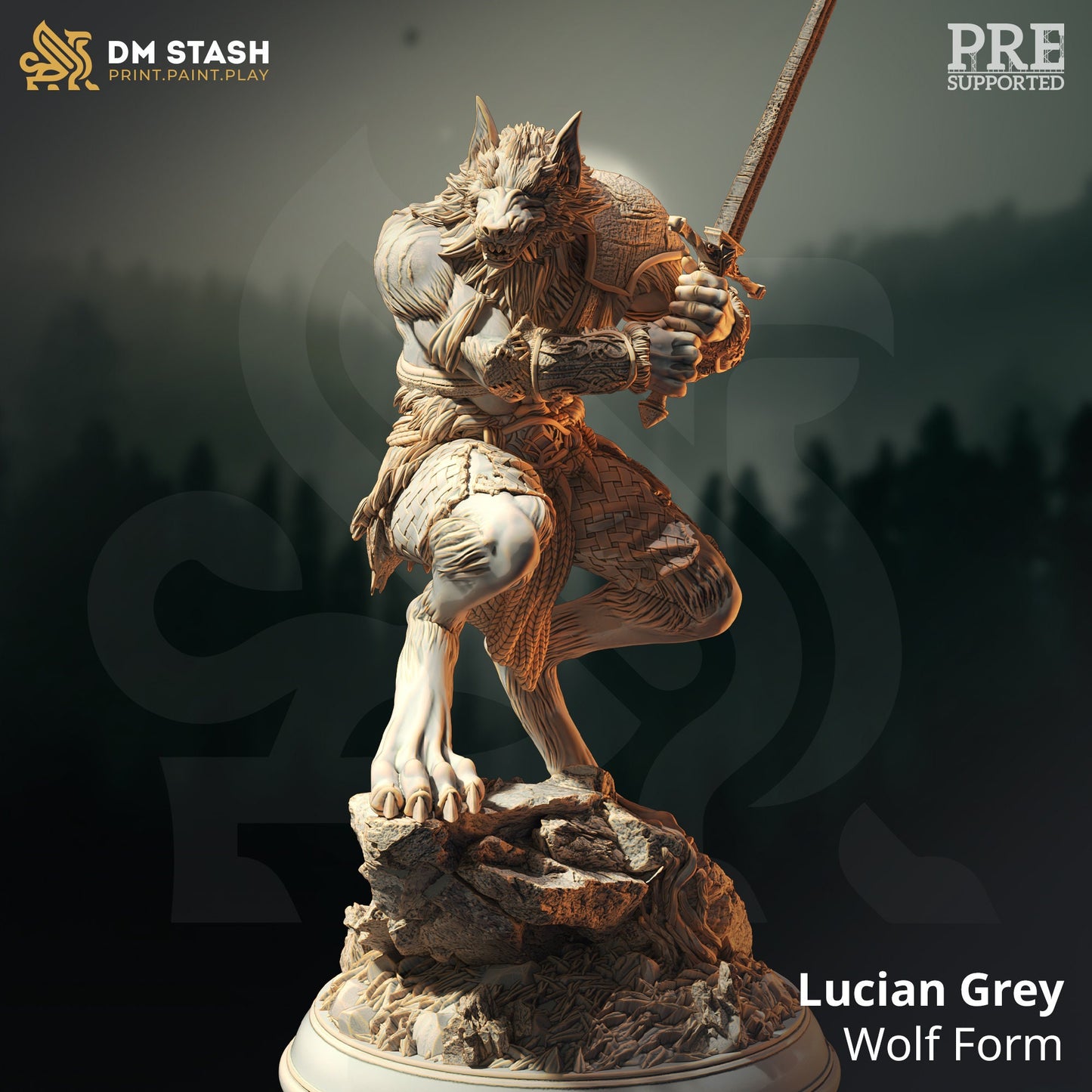 Werewolf Barbarian Fighter - Lucian Grey Figure 12k + Base Print 3D RPG Miniature Gift Idea mini | Dungeons & Dragons Tabletop DM Stash