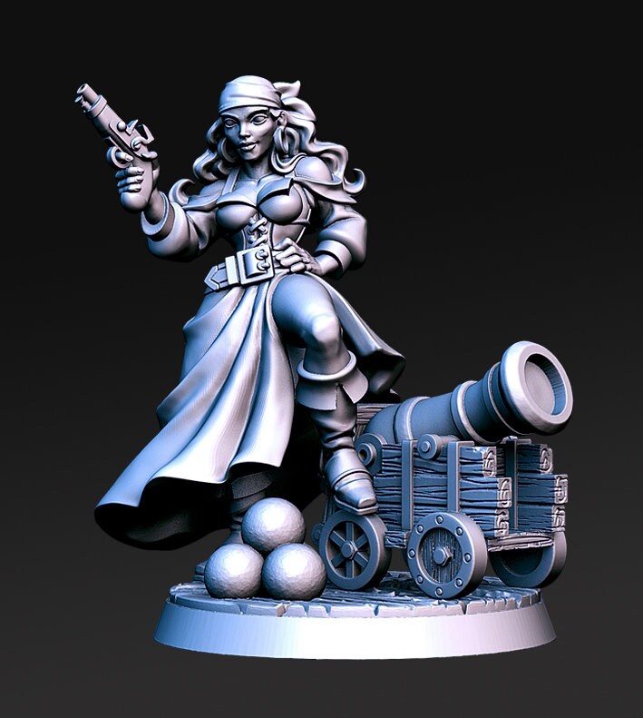 Shelly Woman Pirate with Cannon Figure 12k + Base + BONUS Print 3D RPG Miniature Gift Idea mini | Dungeons & Dragons | Tabletop | RN Estudio