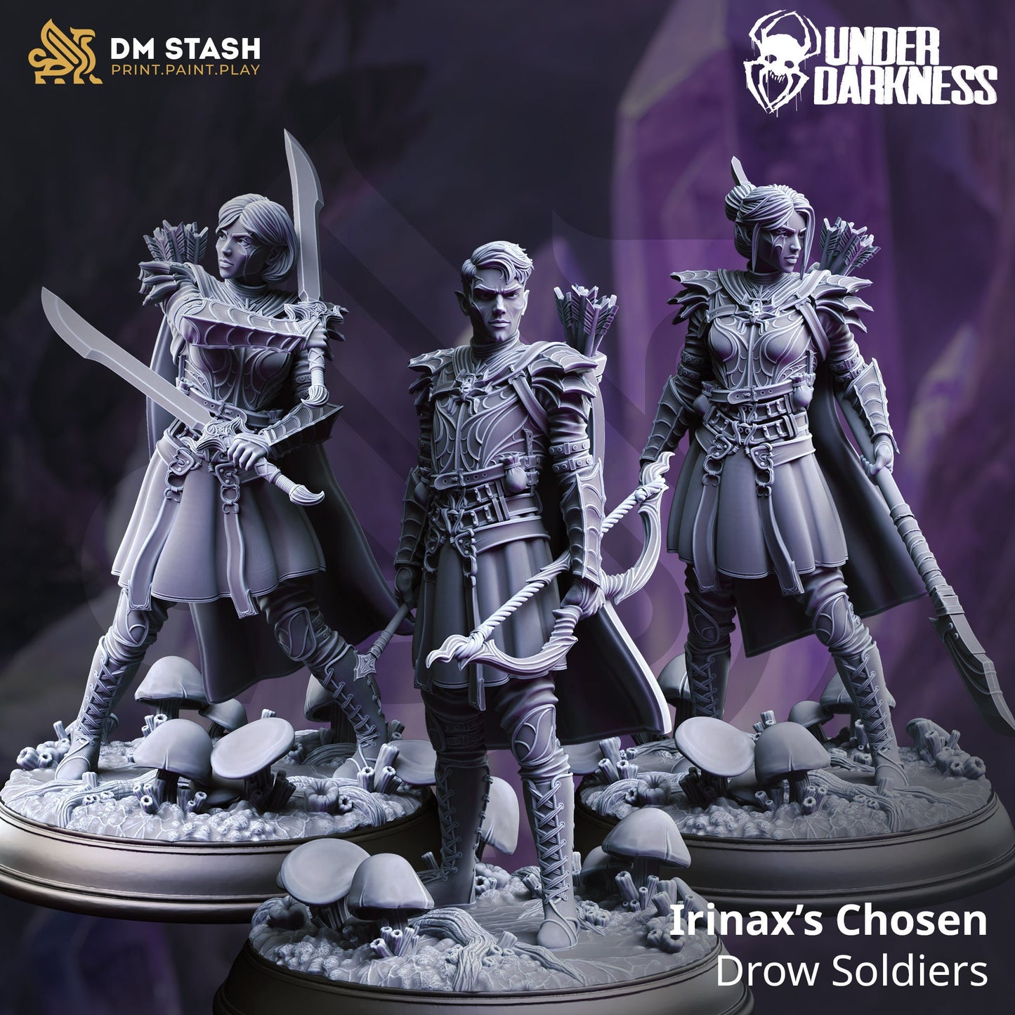 Drow Soldiers - Irinax&#39;s 3 Warriors Bundle Figure + Base + BONUS print 3d 12k miniature Gift Idea mini |Dungeons & Dragons Tabletop DM Stash