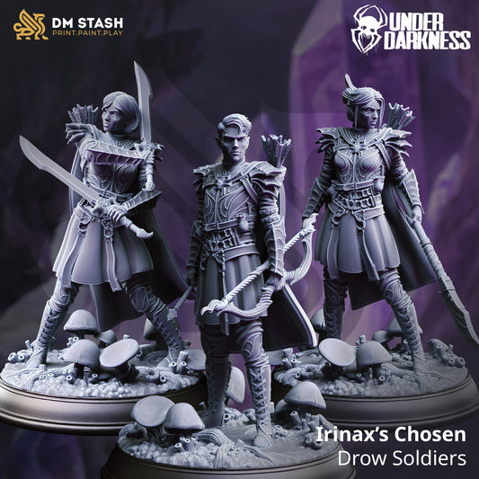 Drow Soldiers - Irinax&#39;s 3 Warriors Bundle Figure + Base + BONUS print 3d 12k miniature Gift Idea mini |Dungeons & Dragons Tabletop DM Stash