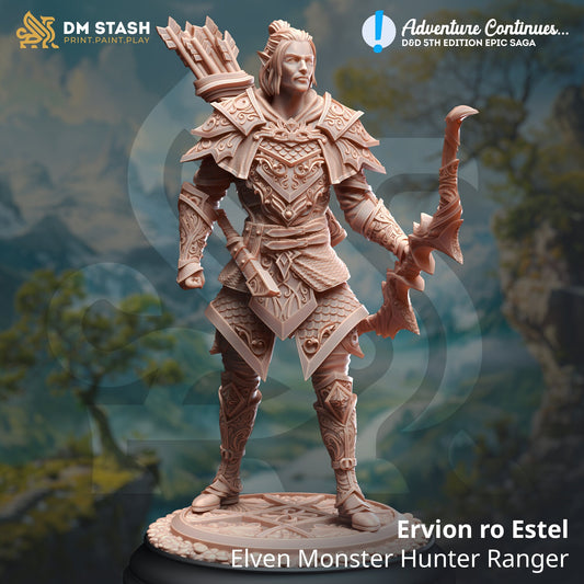 Ervion - Elven Monster Hunter Ranger 32mm Figure + BONUS print 3d 12k miniature Gift Idea TTRPG | Dungeons & Dragons | Tabletop | DM Stash