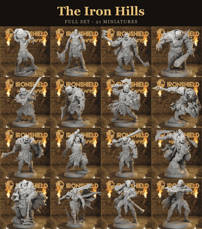 The Iron Hills - Full Set 21 Dwarf Warrior Mountain Monster Miniatures | DnD Tabletop RPG | Mammoth Factory
