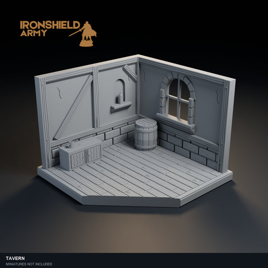 Tavern PLA miniature display, with timber walls, a barrel and an open central floor. Product visualization; miniature not included.