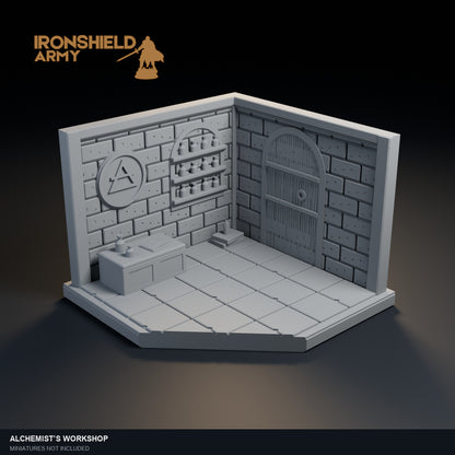 Alchemist’s Workshop PLA display visualization with an open front, sculpted interior and clipped corner.