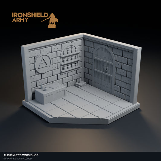 Alchemist’s Workshop PLA display visualization with an open front, sculpted interior and clipped corner.