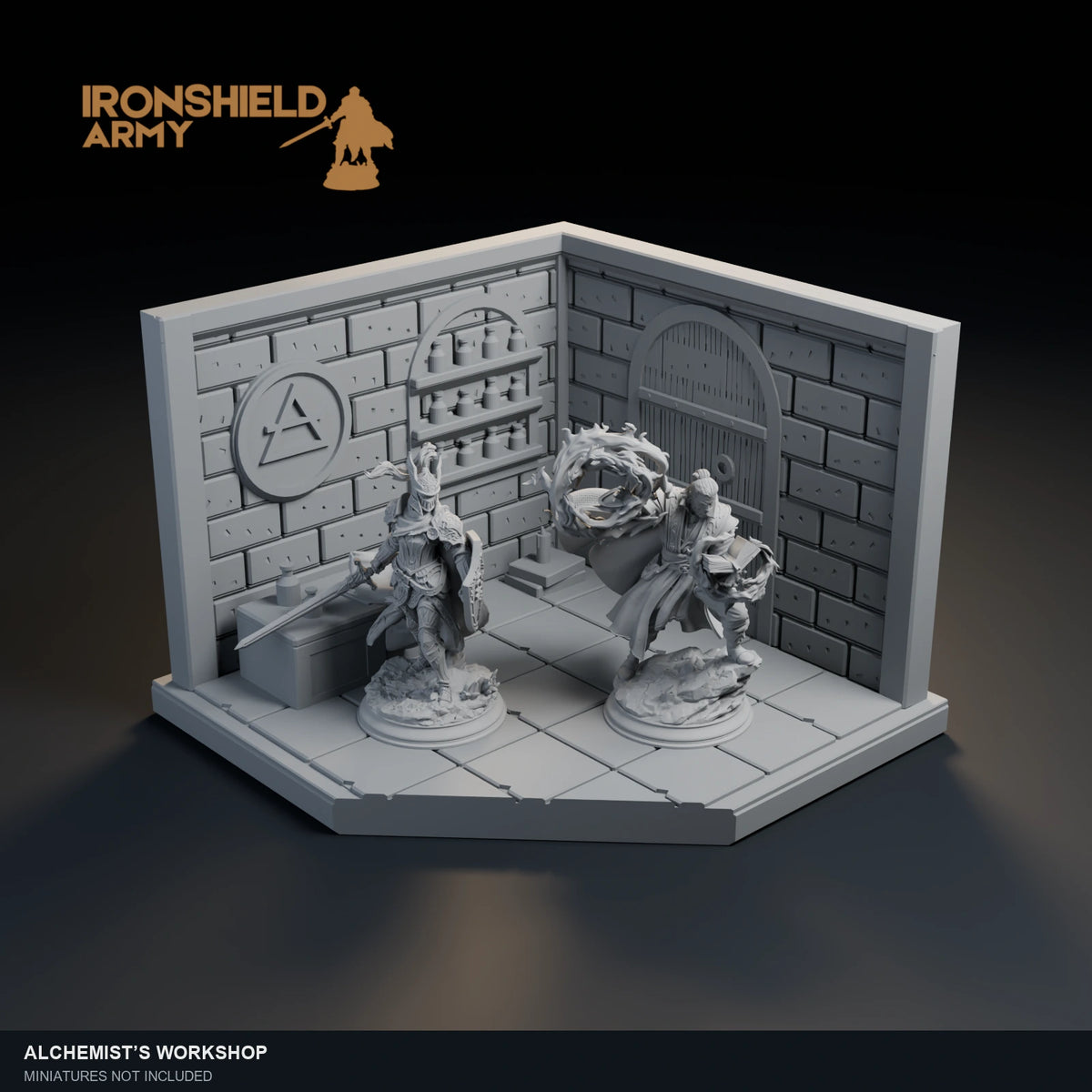 Alchemist’s Workshop visualization with Alwine the warrior and Aaron the mage. Miniatures not included.